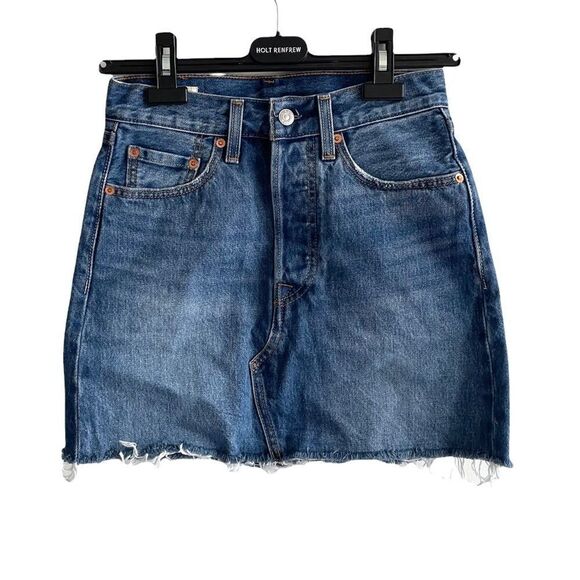 LEVI’S Y2K Deconstructed Cotton Cut Off Denim Mini Skirt Blue 24 - Picture 1 of 6